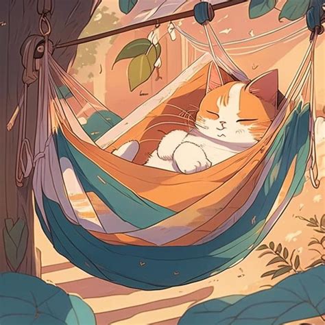 an orange and white cat laying in a hammock