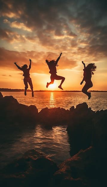 Premium Photo | Photo full shot of people jumping in sunset