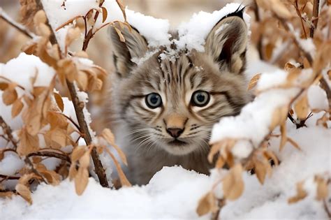 Premium AI Image | Lynx cub peeking out from behind snowcovered