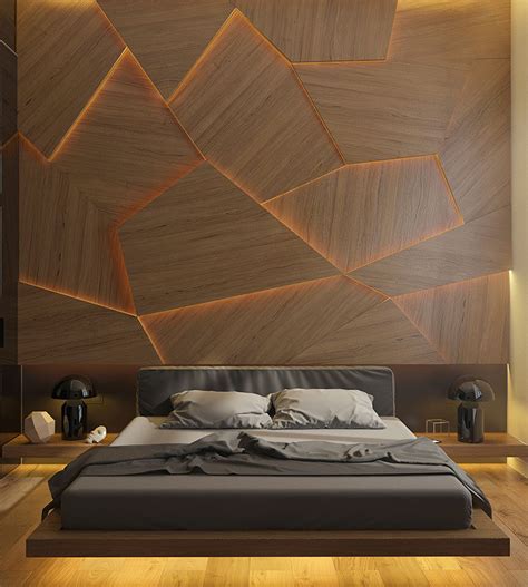 This Bedroom Has A Geometric Back Lit Wood Accent Wall | CONTEMPORIST