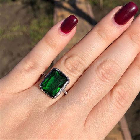 Large Green Stone Bright Ring Square Silver Color Rings in 2023 | Green ...