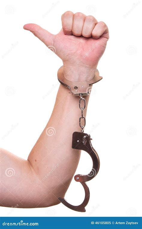 Male Hand in Police Handcuffs Showing Gesture Stock Image - Image of hooligan, people: 46105805