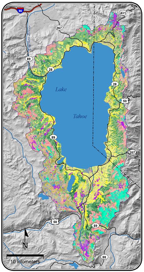 Lake Tahoe map, showing vegetation zones around the lake basin. | Lake tahoe map, Lake tahoe, Tahoe