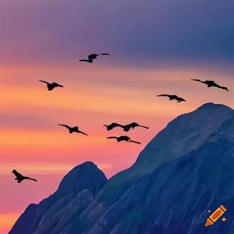 Sunset view of ravens flying over a mountain on Craiyon
