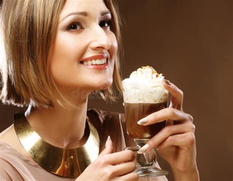 Girl with Glass of Coffee Witn Cream Stock Photo - Image of hairstyle, blue: 42989318