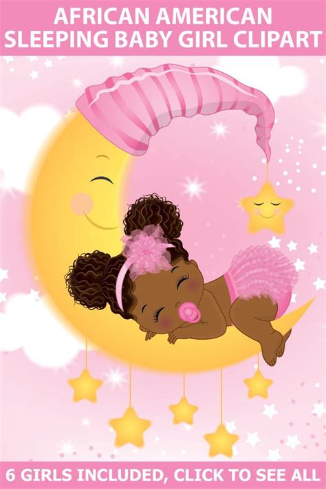 Sleeping Baby Clipart, Vector Newborn, Pink Baby, Afro Baby Shower, Baby on Moon, African ...