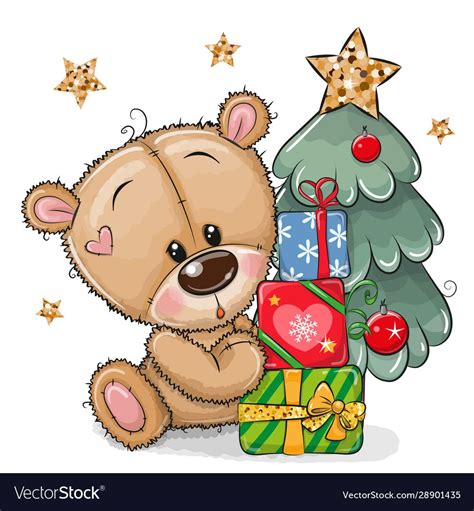 Cute Cartoon Teddy Bear with gifts near the Christmas tree. Download a ...