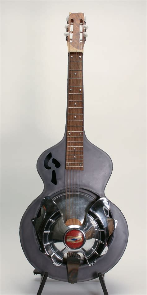 Custom square neck resonator guitar with Chevy hubcap by Larry Pogreba | Resonator guitar ...