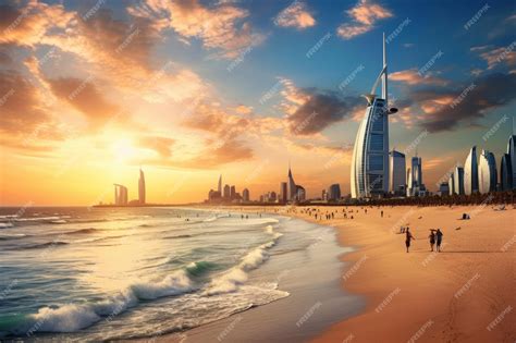 Premium Photo | Dubai amazing city center skyline and famous Jumeirah beach at sunset United ...