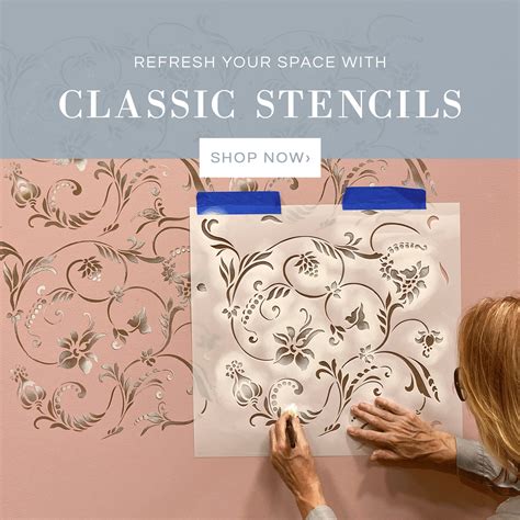 a woman working on stencils with the words refresh your space with classic stencils shop now