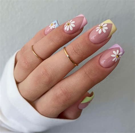 Multi color short acrylic nail french tip daisy nail art design summer spring 2021 | Summery ...