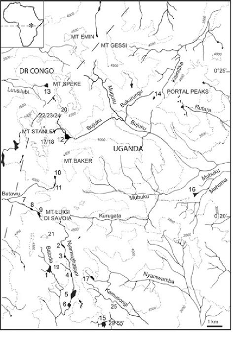 Topographic map of the central Rwenzori mountain range showing the ...