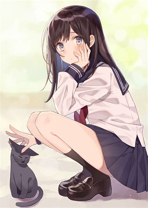 original characters, blue eyes, sailor uniform, black socks, simple background, black hair ...