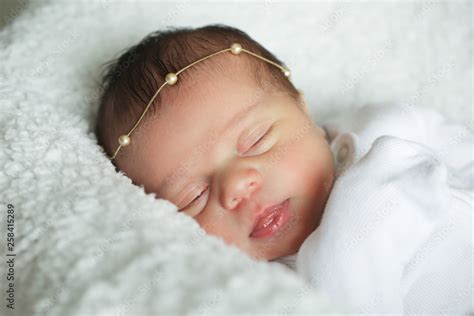 Newborn Cute Baby Girl, Infant, Sleeping on the white bed, New family ...