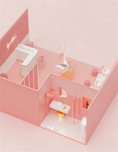a pink dollhouse with furniture and accessories on the floor, including a bed, desk, chair ...