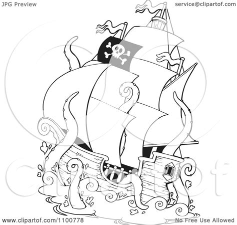 Clipart Outlined Pirate Ship Being Attacked By A Giant Octopus Or Squid ...