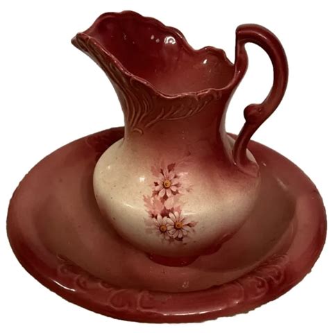 VINTAGE ANTIQUE wash basin and pitcher set. Maroon/pink/cream With Flowers $15.00 - PicClick