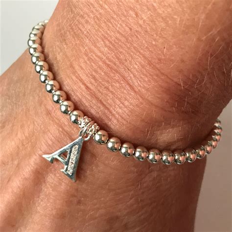 Sterling Silver Letter Charm Stretch Beaded Bracelet, UK Handmade Gift ...