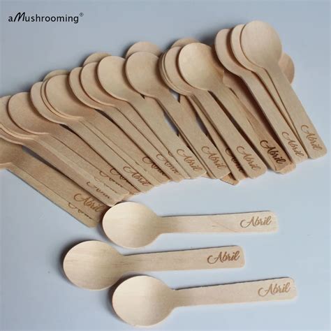 100 Personalized Small Round Ice Cream Spoons 4 Inch Disposable Wooden ...