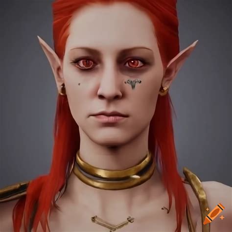 Portrait of a pale-skinned elf religious woman with red hair and a golden trident-cross tattoo ...