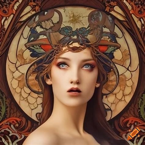 Female angel statue with an art nouveau style face inspired by mucha on Craiyon