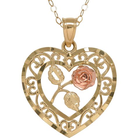 Brilliance Fine Jewelry - 10K Gold Filigree Heart with Center Flower Pendant, 18" Necklace ...