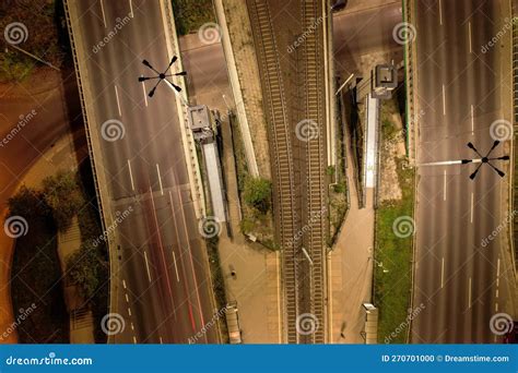 Top Down View To Road. Romantic Night Aerial Photo of Cars Traveling. the Light on the Road at ...