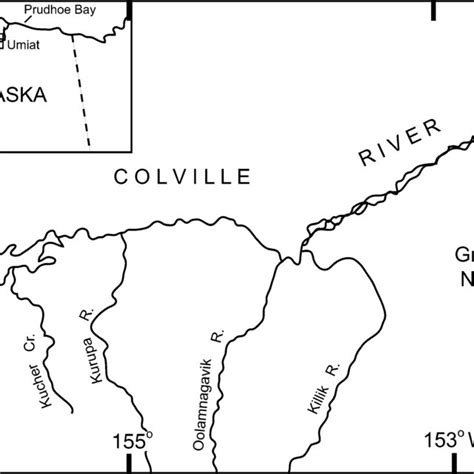 Map of Colville River area in North Slope, Alaska, indicating location ...