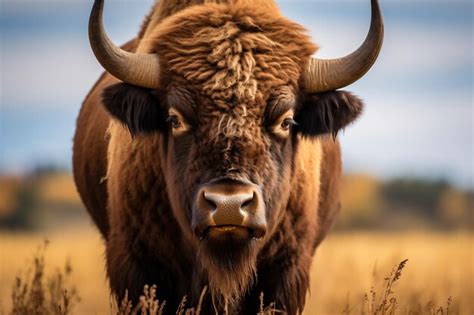 Premium AI Image | a large brown bull with horns standing in a field