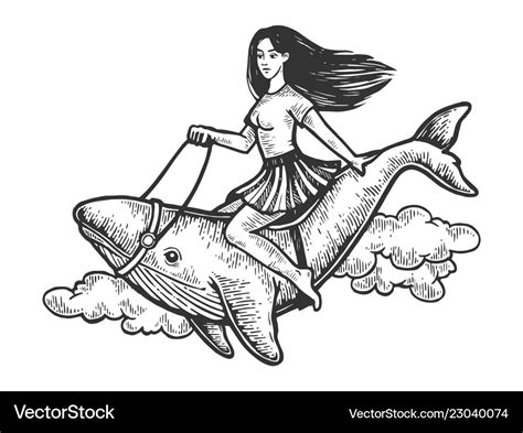 Woman riding whale engraving Royalty Free Vector Image