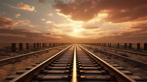 Train Tracks Heading Toward The Sunset Background, 3d Illustration Of Empty Railways On Sunset ...