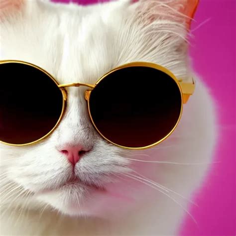 white cat with golden sunglasses on, pink background, | Stable Diffusion