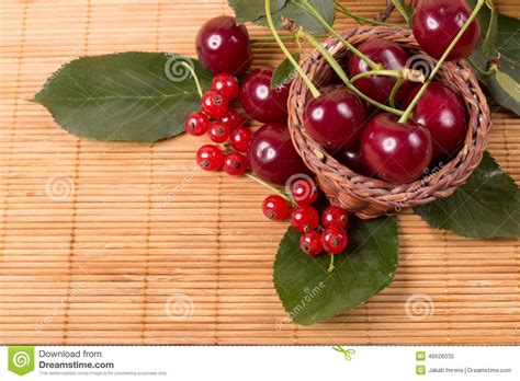 Fresh Cherries on Wooden Table Stock Image - Image of leaf, nature: 46626035