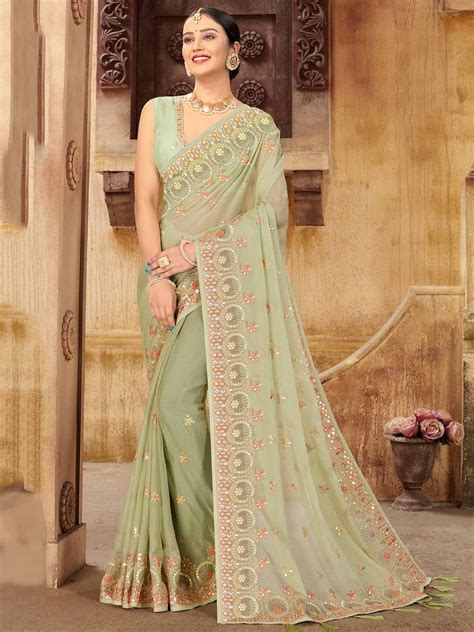 Pista Green Colour Indian Designer Saree in Chiffon Fabric.