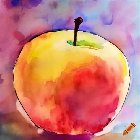 Vibrant watercolor painting of an apple on a striped cloth on Craiyon