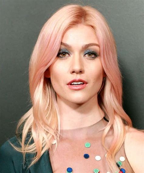 Katherine McNamara Long Straight Pink Hairstyle with Layered Bangs and Light Blonde Highlights ...