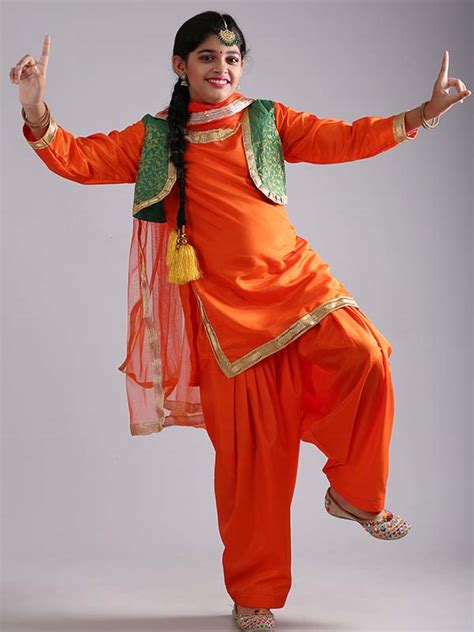 Girls Punjabi Bhangra Gidda Dance Orange Costume (Salwar, Kurta ...