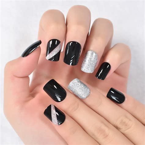 Rough Silver Glitter Faux Ongles Short Black Nails Fake Bling Lady ...