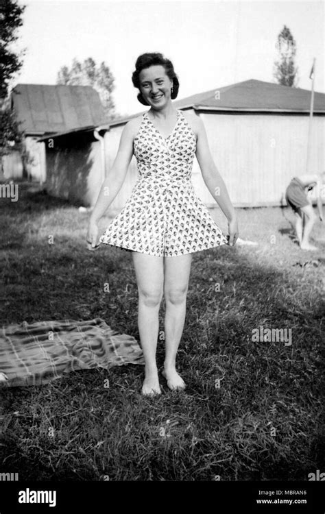 Fashion, Woman proudly shows her summer dress, 1940s, Germany Stock Photo - Alamy