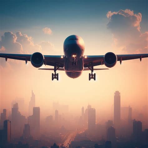 Premium Photo | Airplane landing at sunset