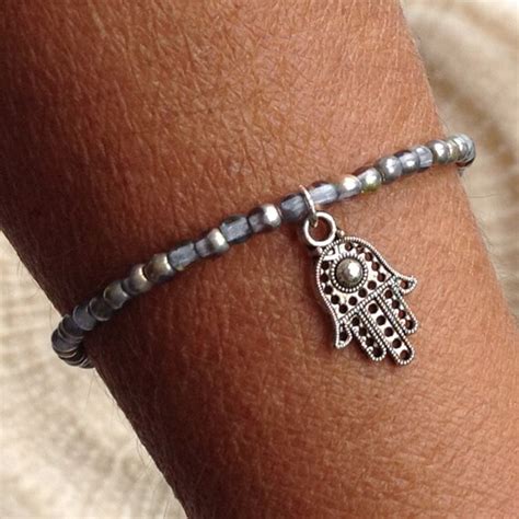 Hamsa charm bracelet Dark gray anthracite beaded bracelet | Etsy