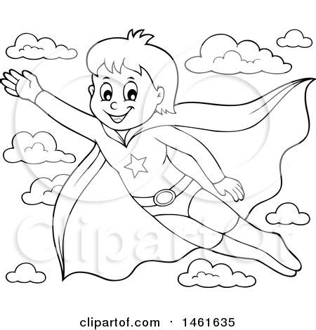 Clipart of a Black and White Flying Super Hero Boy - Royalty Free ...