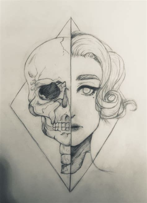 Half girl half skull | Half face drawing, Skeleton drawings, Skull drawing