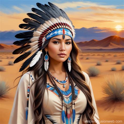 Native American Woman in Traditional Attire at Sunset | Stable Diffusion Online