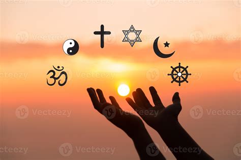 Religious symbols. Christianity cross, Islam crescent, Buddhism dharma wheel, Hinduism aum ...