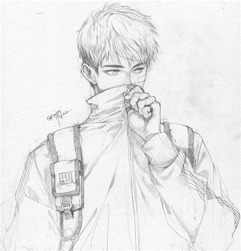 a pencil drawing of a man with a backpack on his shoulder holding ...
