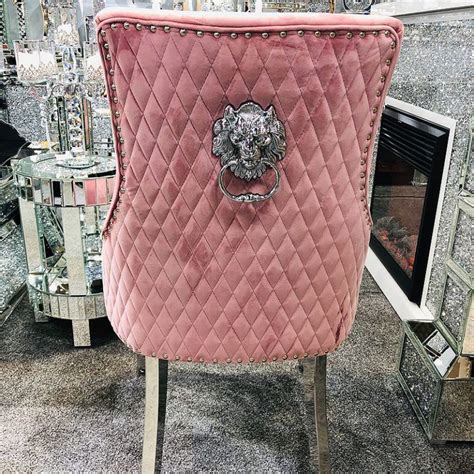 Camilla Pink Velvet And Chrome Dining Chair With Lion Ring Knocker Marble Dining Table Set, Grey ...