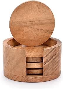 EDHAS Acacia Wood Stylish round Coaster Sets of 4 with Holder Coffee ...