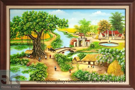 Tranh sơn dầu phong cảnh làng quê khung gỗ - tranh phong thủy