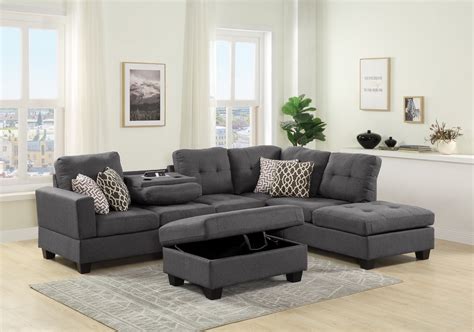 Lilola Home Kourtney Dark Gray Fabric Reversible Sofa Sectional with Dropdown Table, Charging ...